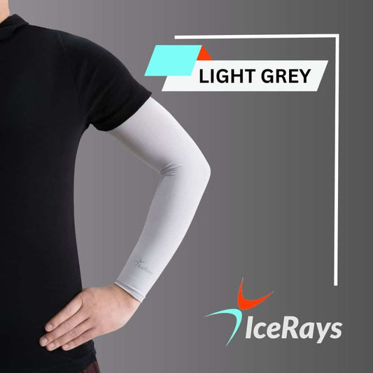 Light grey IceRays UPF 50+ arm sleeves ready for washing and care