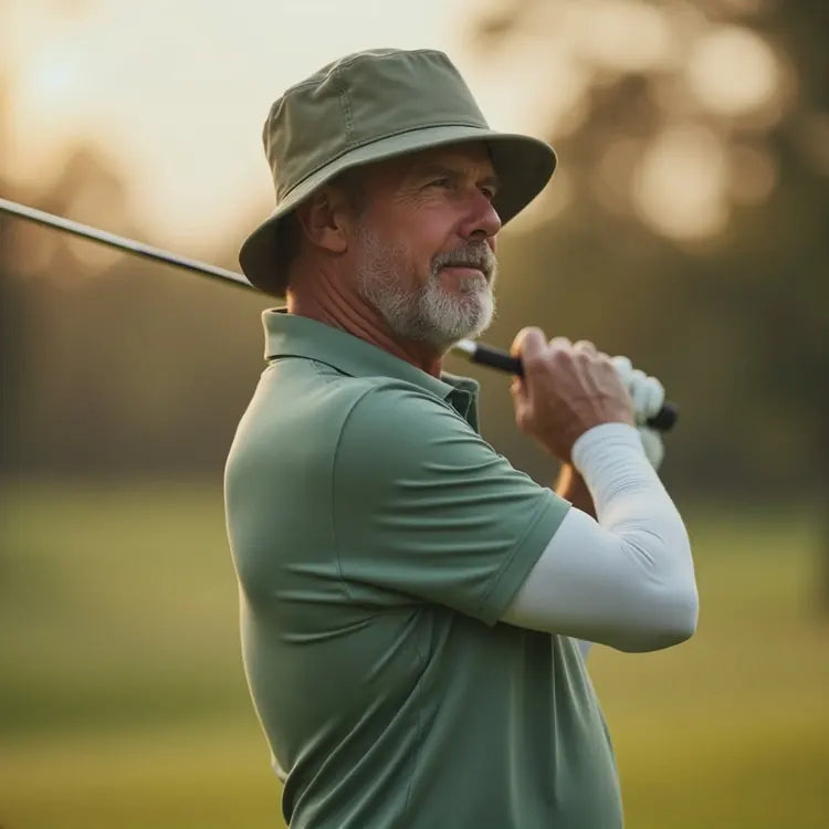 Golfer wearing white arm sleeves with a club resting across his shoulders.