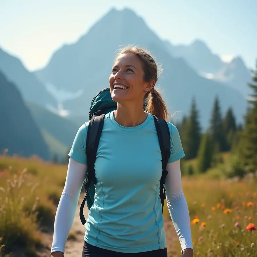Walker wearing white arm sleeves on a mountain trail.